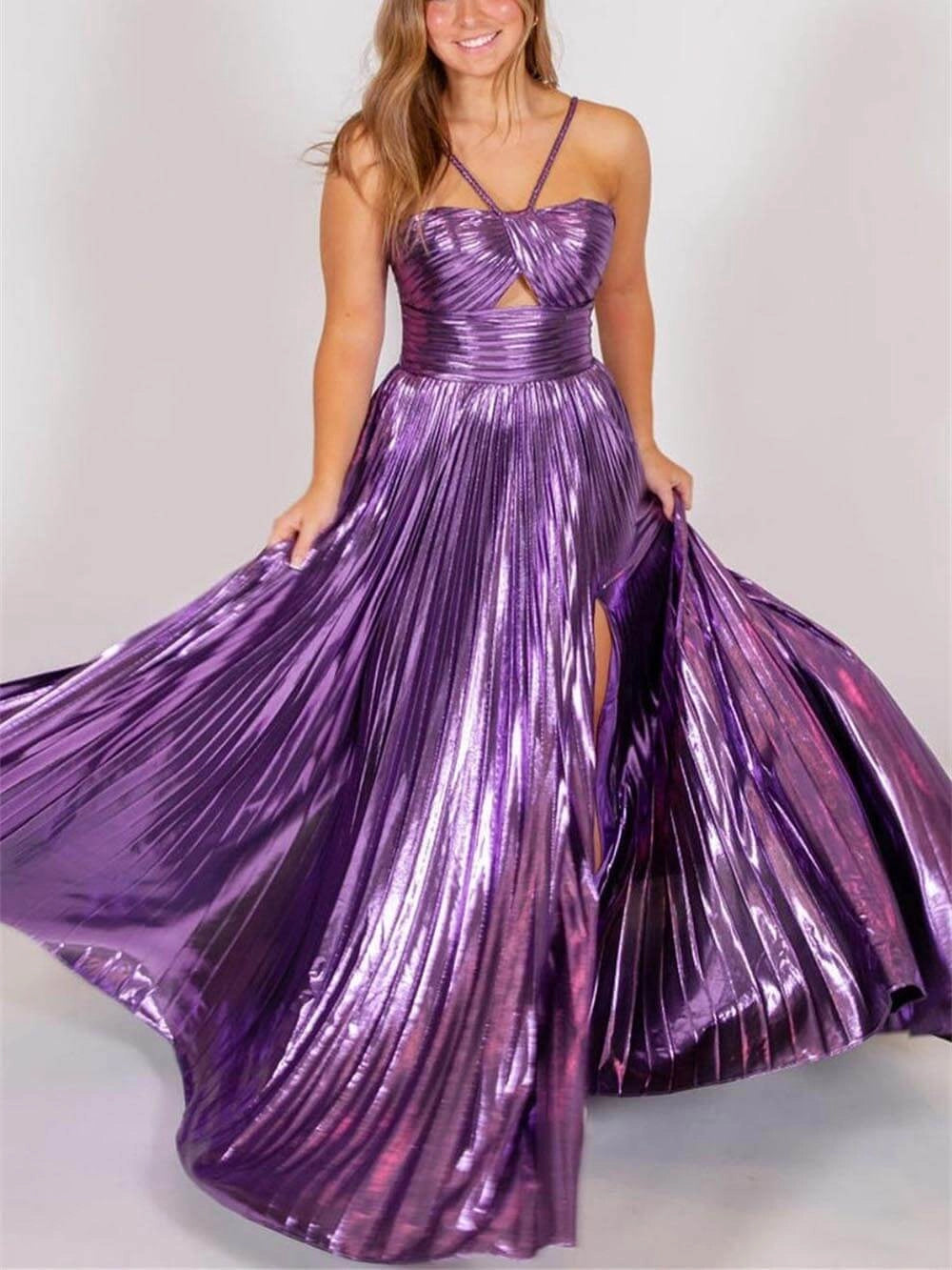 Lilia - Vestido largo plisado de tela metalizada