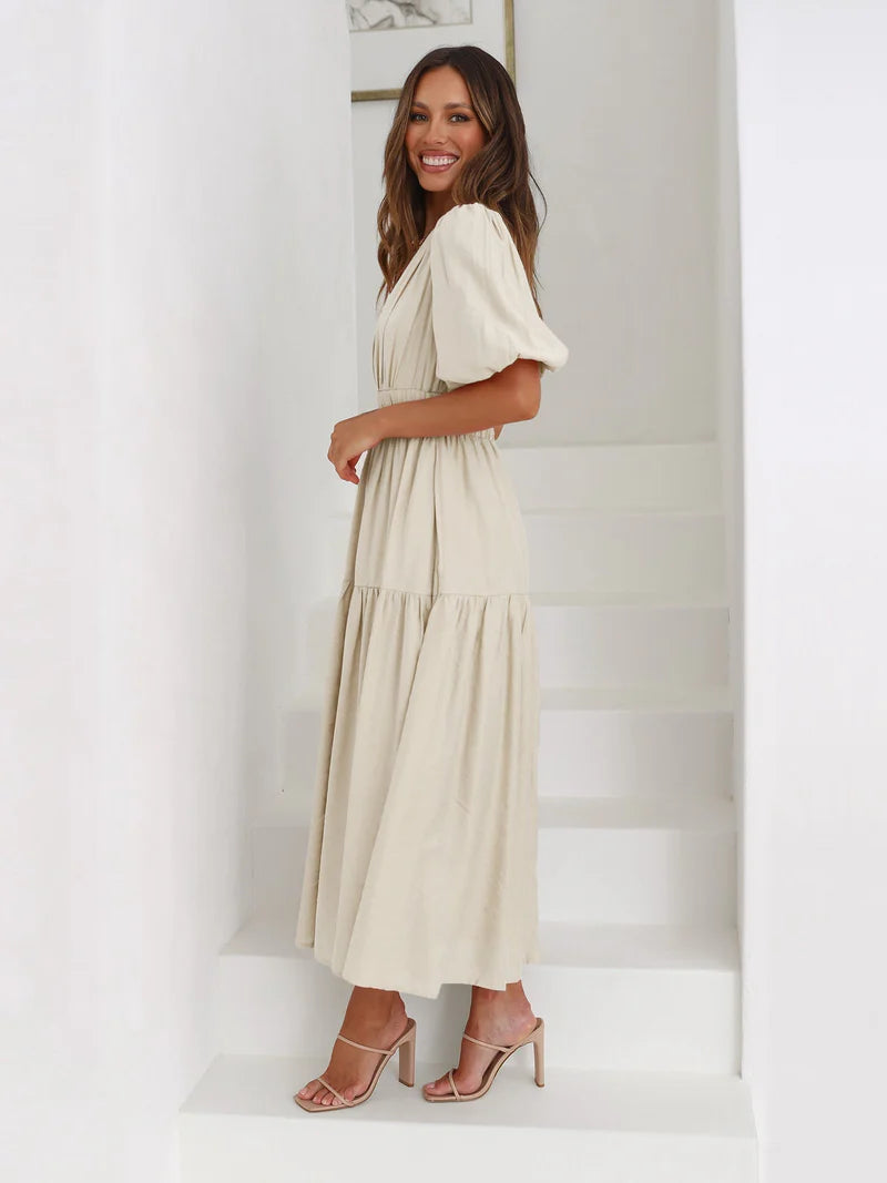 Ella - Vestido con cuello en V y mangas abullonadas
