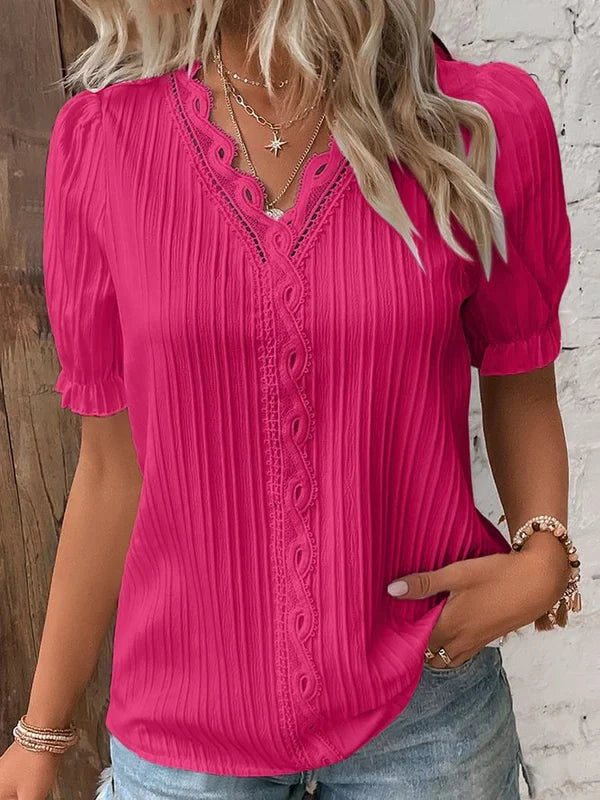 Pilar - Blusa plisada con encaje y manga abullonada