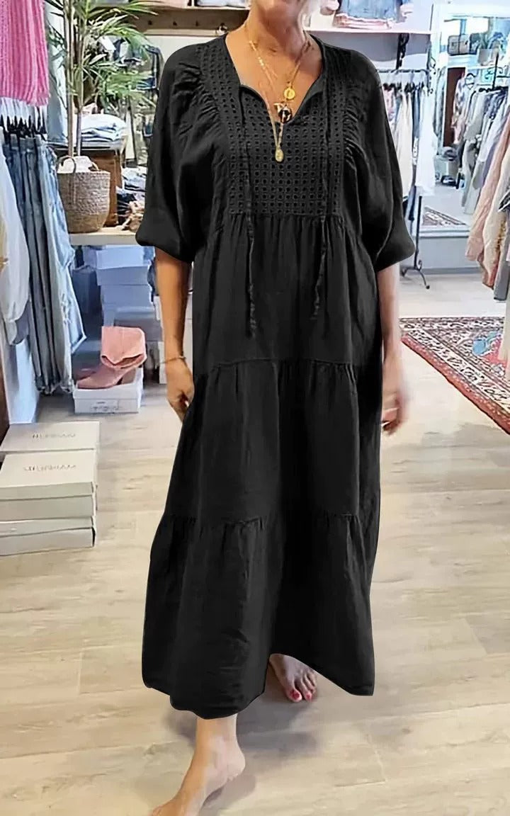 Leonor - Vestido largo con bordado calado y mangas abullonadas