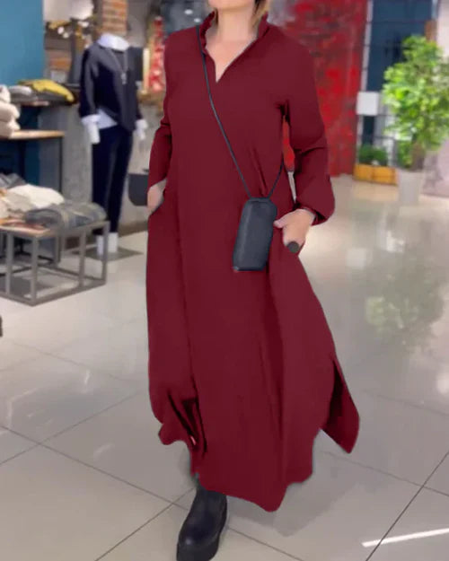 Nora™ | Vestido largo camisero con cuello abierto y bolsillos