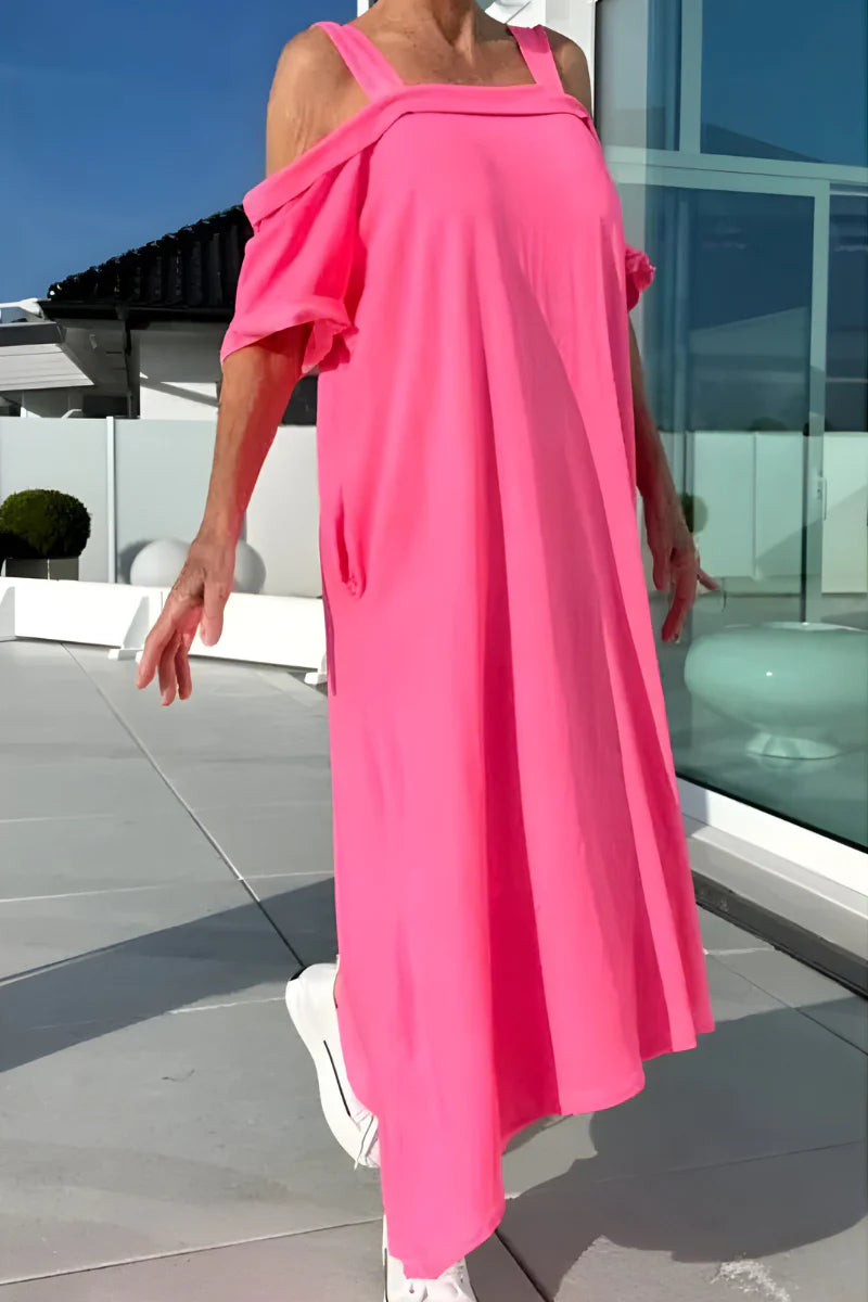 Mónica™ – Vestido largo de verano con hombros descubiertos y diseño fluido