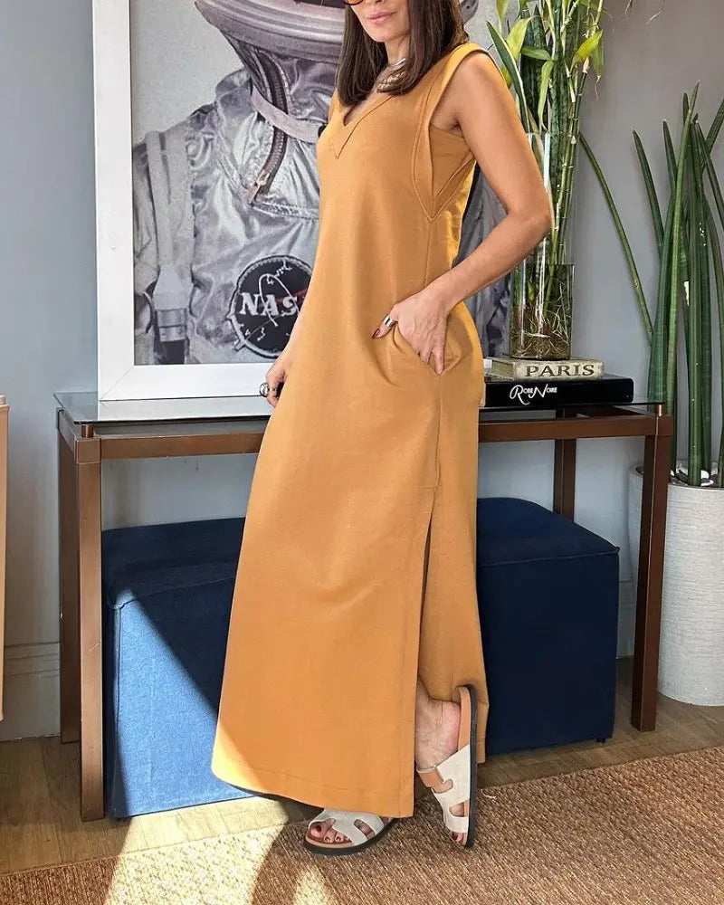 Olga – Vestido largo sin mangas con escote en pico y bolsillos
