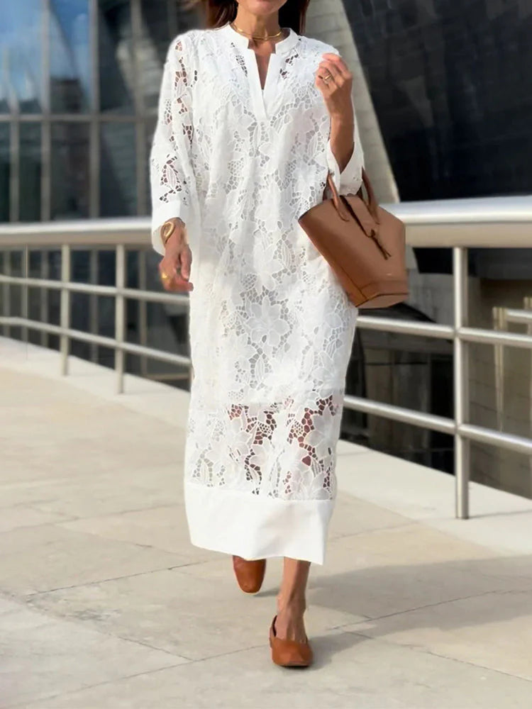 Julia™ – Vestido largo blanco de encaje floral