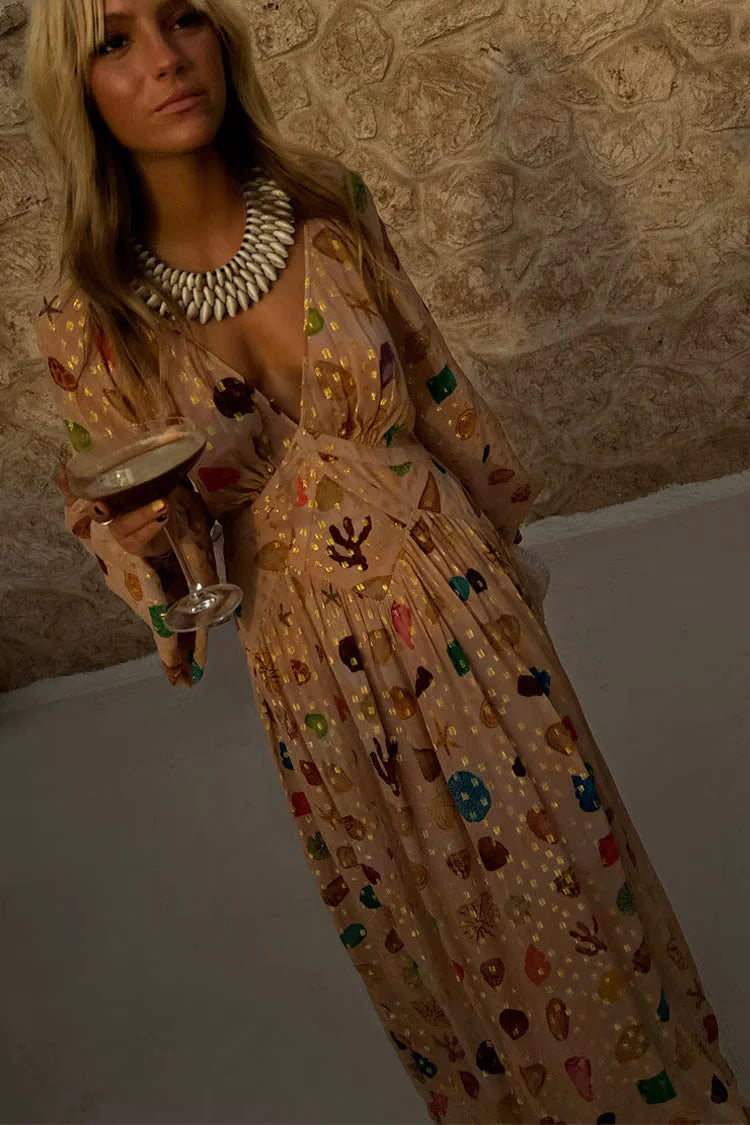 Alessandra - Vestido con estampado marino y detalles dorados