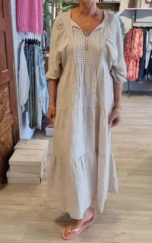 Leonor - Vestido largo con bordado calado y mangas abullonadas