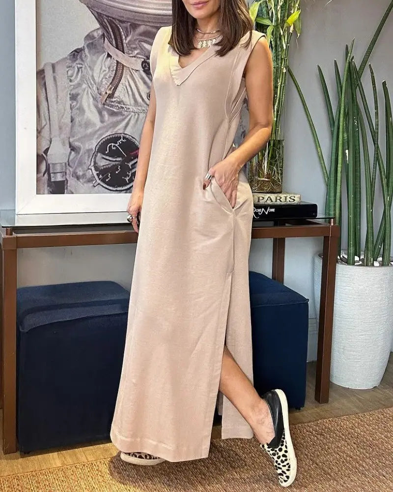 Olga – Vestido largo sin mangas con escote en pico y bolsillos