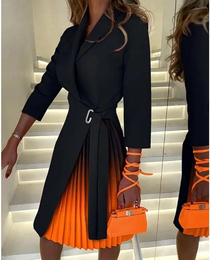 Carla™ Vestido blazer plisado con cuello de solapa y degradado