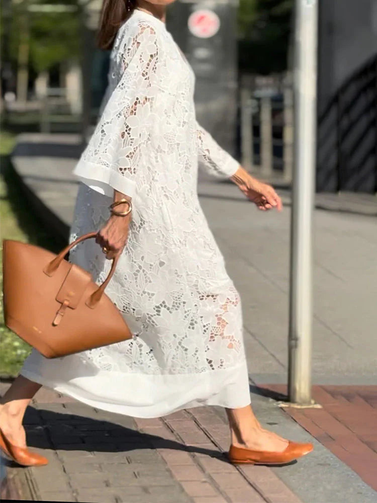 Julia™ – Vestido largo blanco de encaje floral