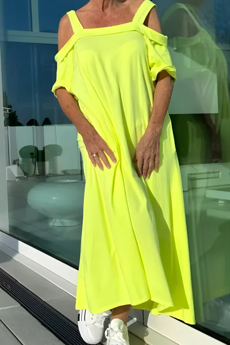 Mónica™ – Vestido largo de verano con hombros descubiertos y diseño fluido
