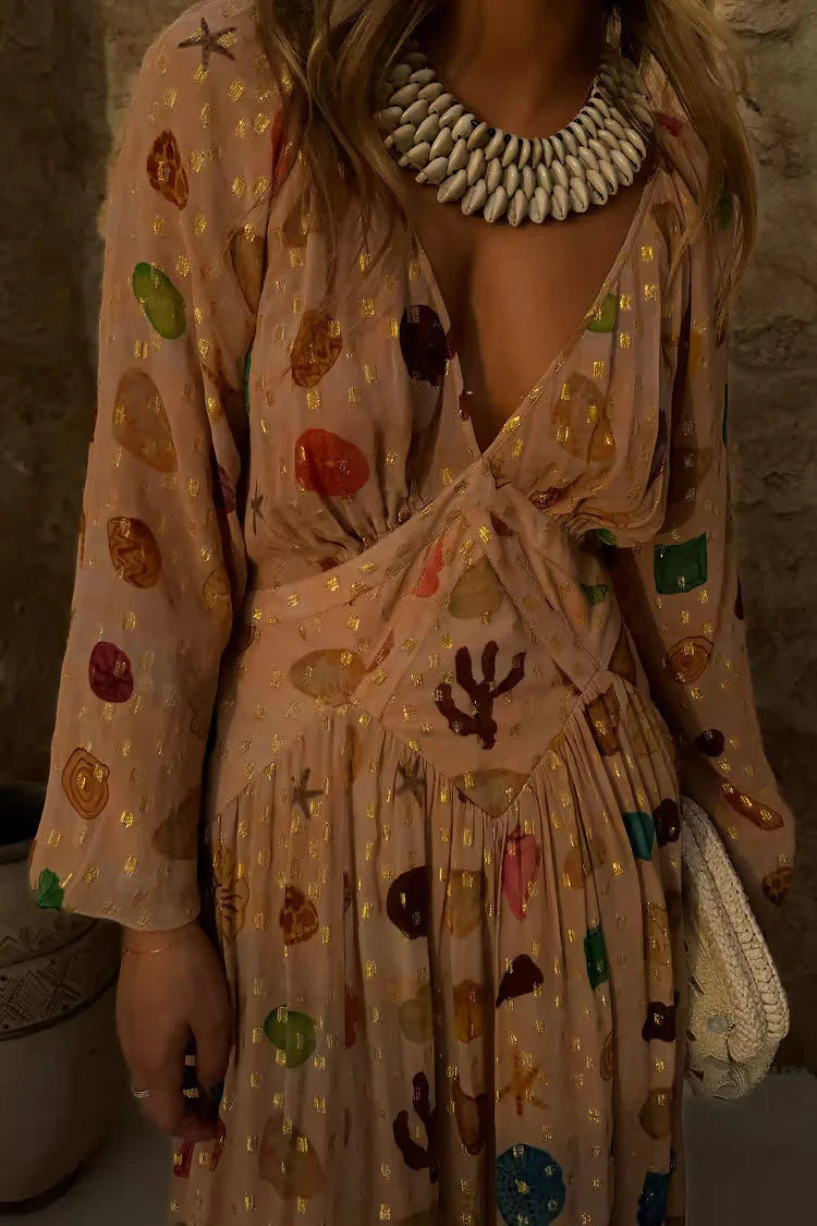 Alessandra - Vestido con estampado marino y detalles dorados