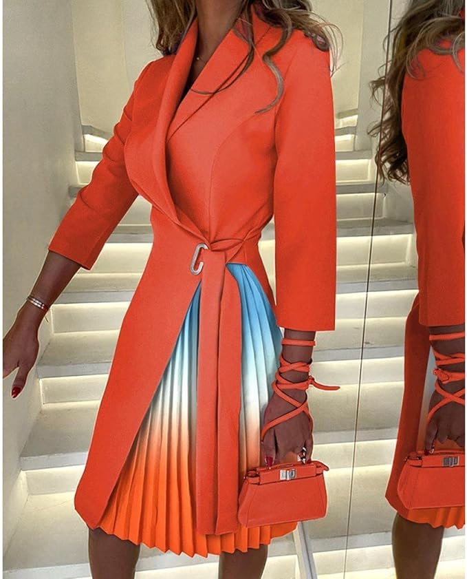 Carla™ Vestido blazer plisado con cuello de solapa y degradado