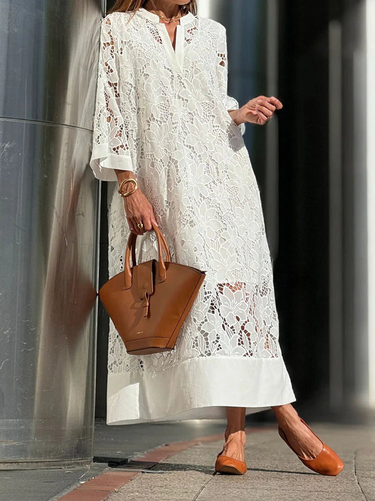 Julia™ – Vestido largo blanco de encaje floral