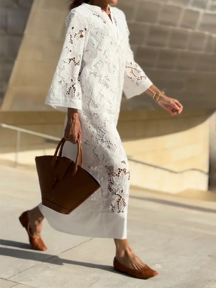Julia™ – Vestido largo blanco de encaje floral