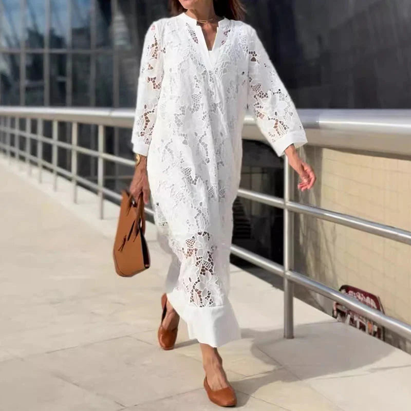Julia™ – Vestido largo blanco de encaje floral