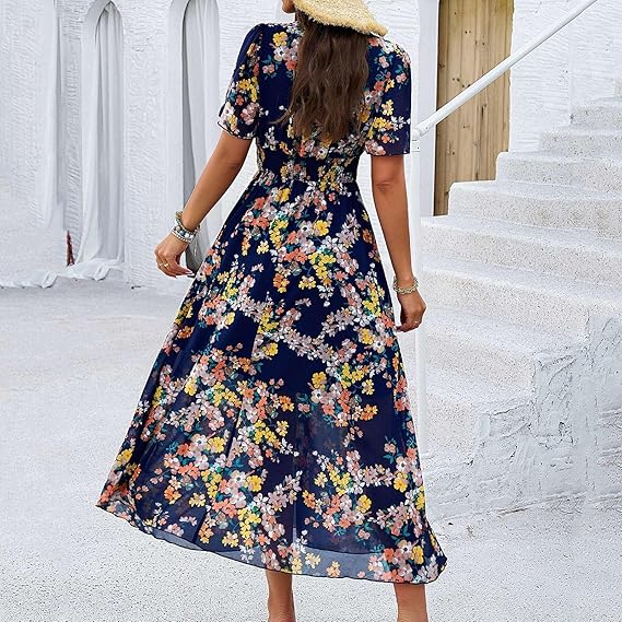 Adriana™ Vestido largo floral con escote en V, manga corta y vuelo ligero