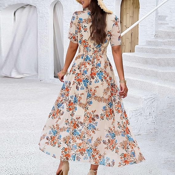 Adriana™ Vestido largo floral con escote en V, manga corta y vuelo ligero