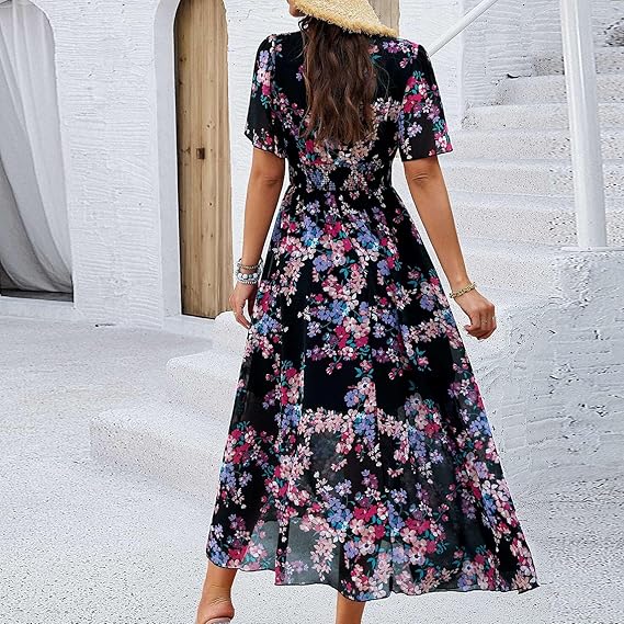 Adriana™ Vestido largo floral con escote en V, manga corta y vuelo ligero