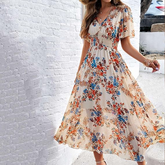 Adriana™ Vestido largo floral con escote en V, manga corta y vuelo ligero