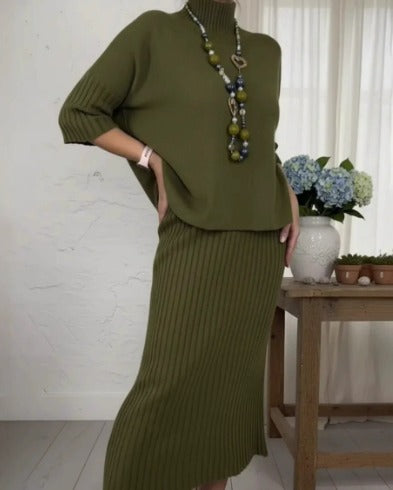 Pilar – Conjunto elegante de punto con jersey y falda midi