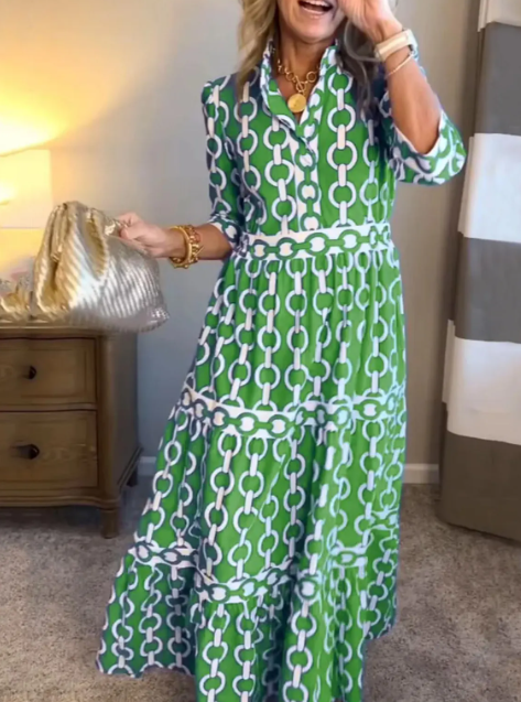 Sofía™ – Vestido camisero largo con estampado de cadenas