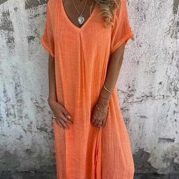Natalia™ – Vestido vaporoso de cuello en V en algodón y lino