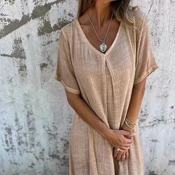 Natalia™ – Vestido vaporoso de cuello en V en algodón y lino