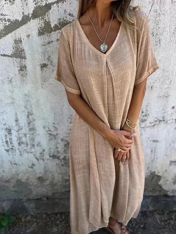 Natalia™ – Vestido vaporoso de cuello en V en algodón y lino