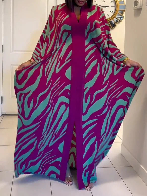 Verona - Vestido largo tipo túnica con mangas murciélago, cuello en V y estampado de cebra