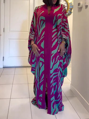 Verona - Vestido largo tipo túnica con mangas murciélago, cuello en V y estampado de cebra