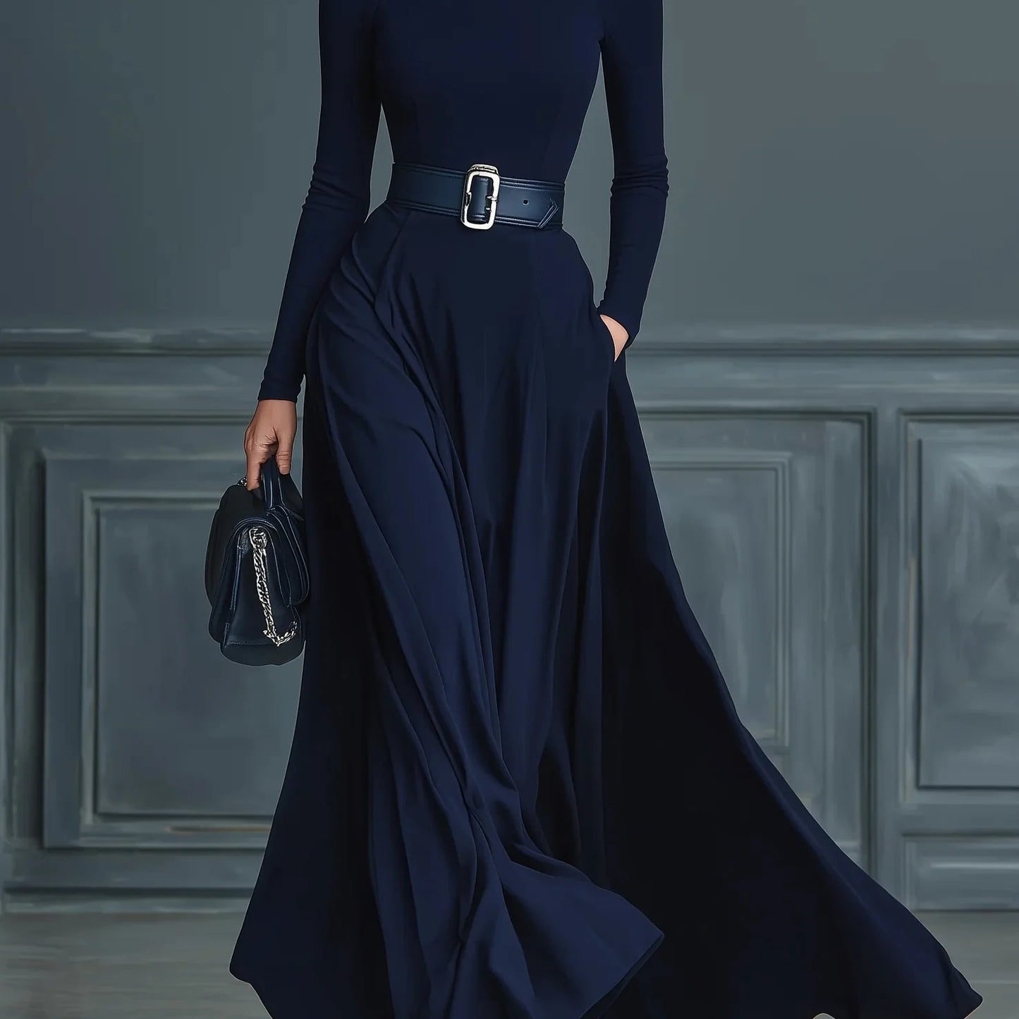 Elisa - Vestido largo de cuello alto y corte fluido