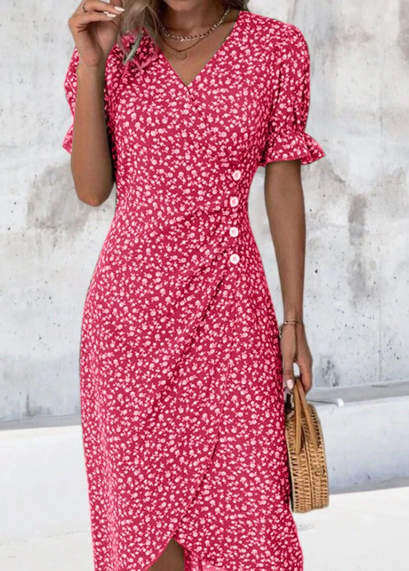 Ada - Vestido cruzado de flores con botones laterales