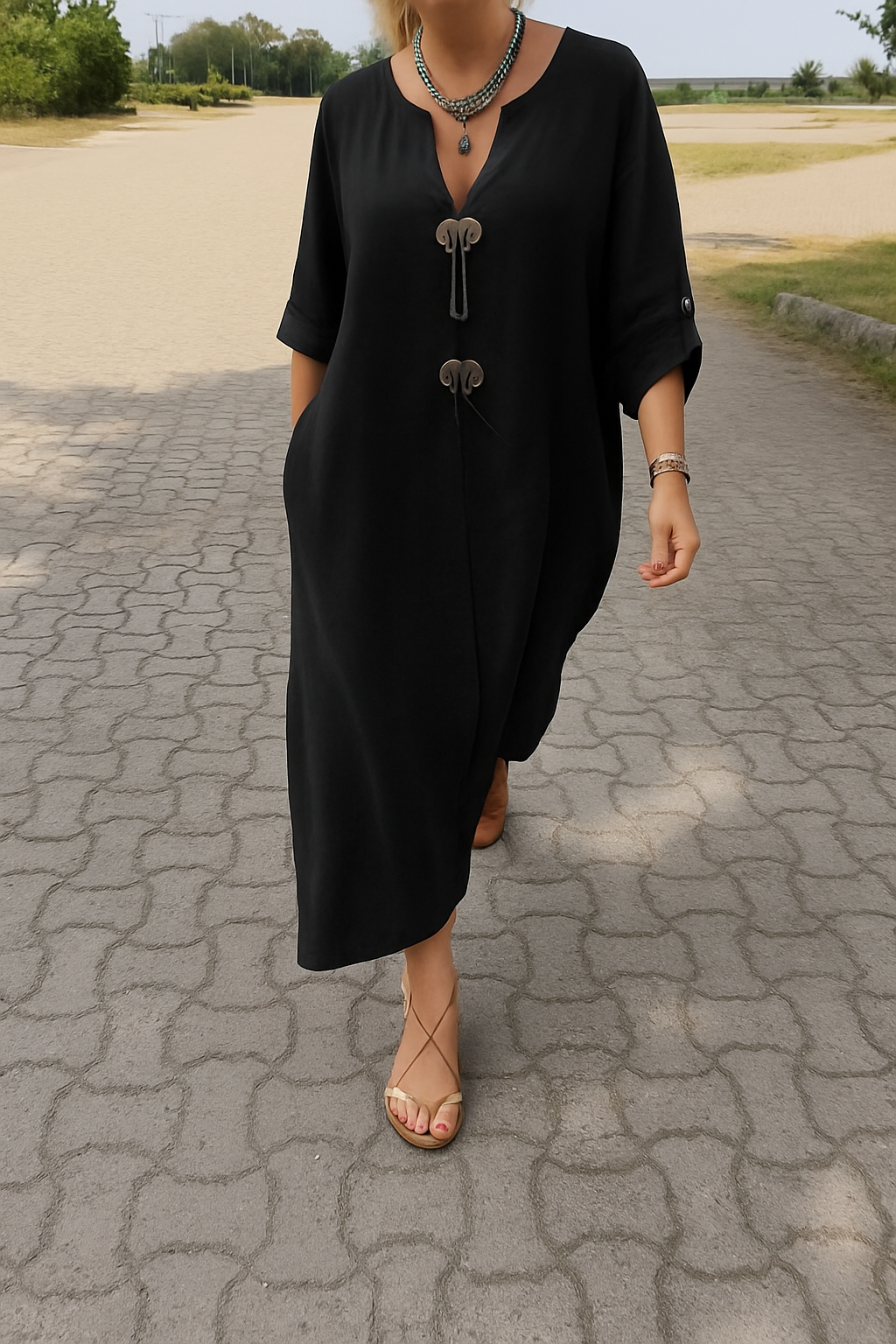 Clara™ Vestido largo fluido con lazos decorativos, mangas 3/4 y bolsillos