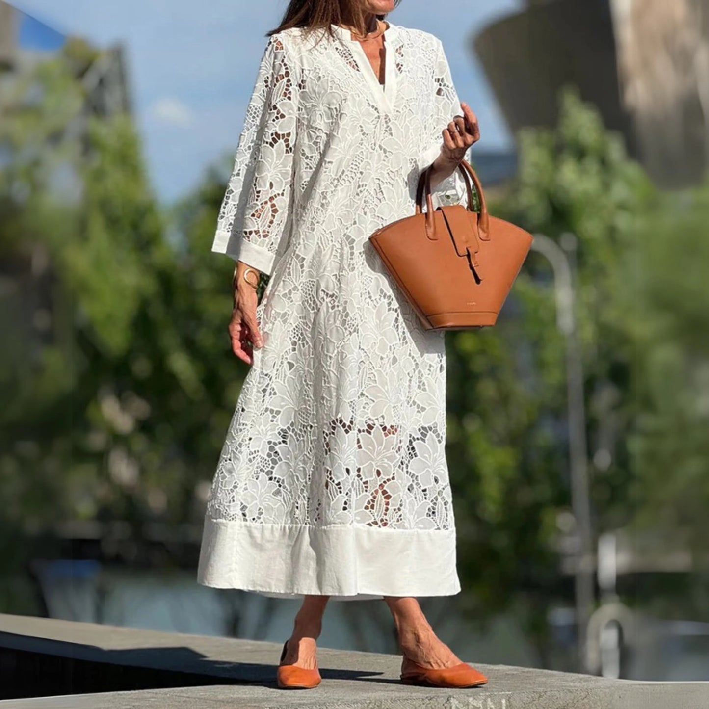 Julia™ – Vestido largo blanco de encaje floral