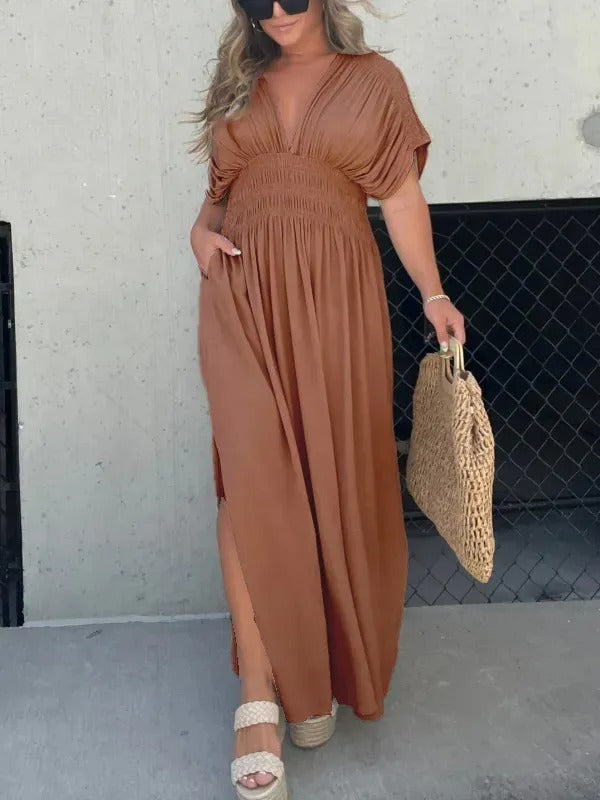 Camila - Vestido largo con escote fruncido y manga caída