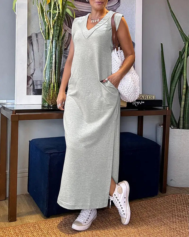 Olga – Vestido largo sin mangas con escote en pico y bolsillos