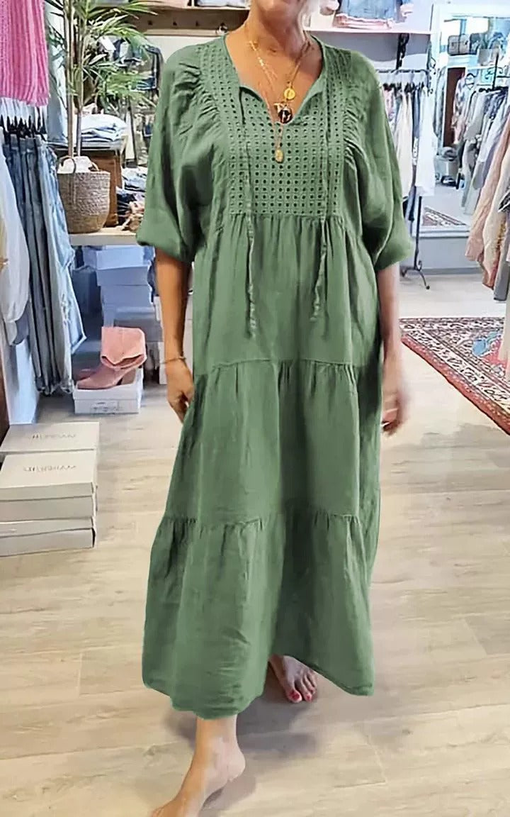 Leonor - Vestido largo con bordado calado y mangas abullonadas