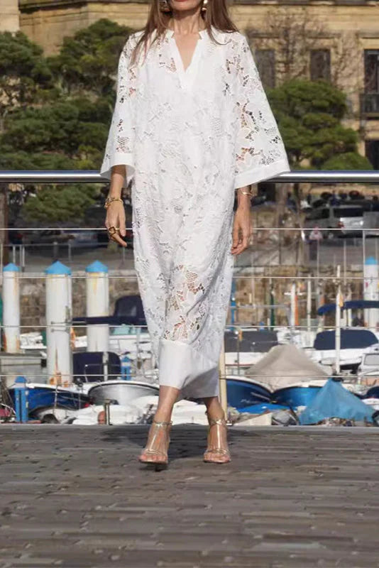 Julia™ – Vestido largo blanco de encaje floral