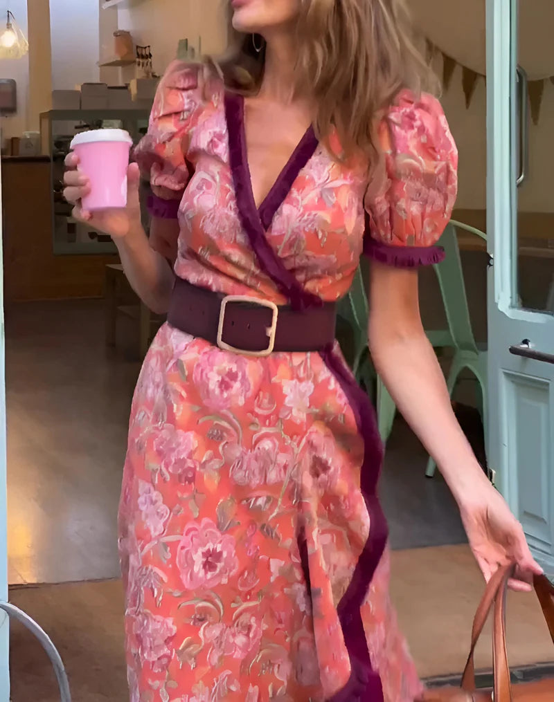 Yasmín - Elegante vestido largo rosa con mangas cortas