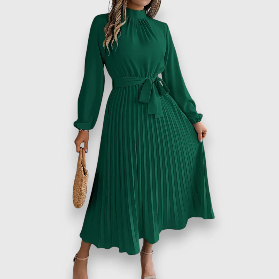 Valeria™ – Vestido midi plisado con lazo y cuello alto
