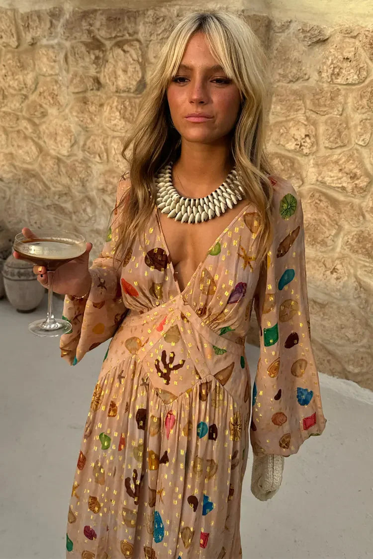 Alessandra - Vestido con estampado marino y detalles dorados