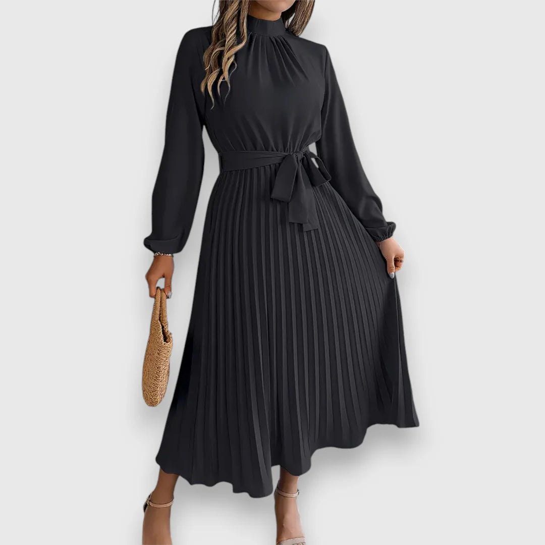 Valeria™ – Vestido midi plisado con lazo y cuello alto