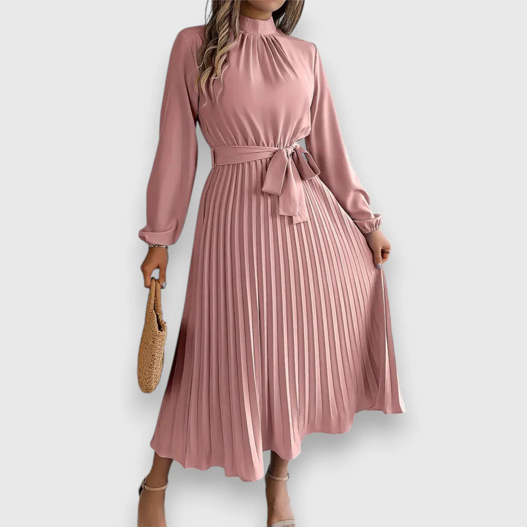 Valeria™ – Vestido midi plisado con lazo y cuello alto