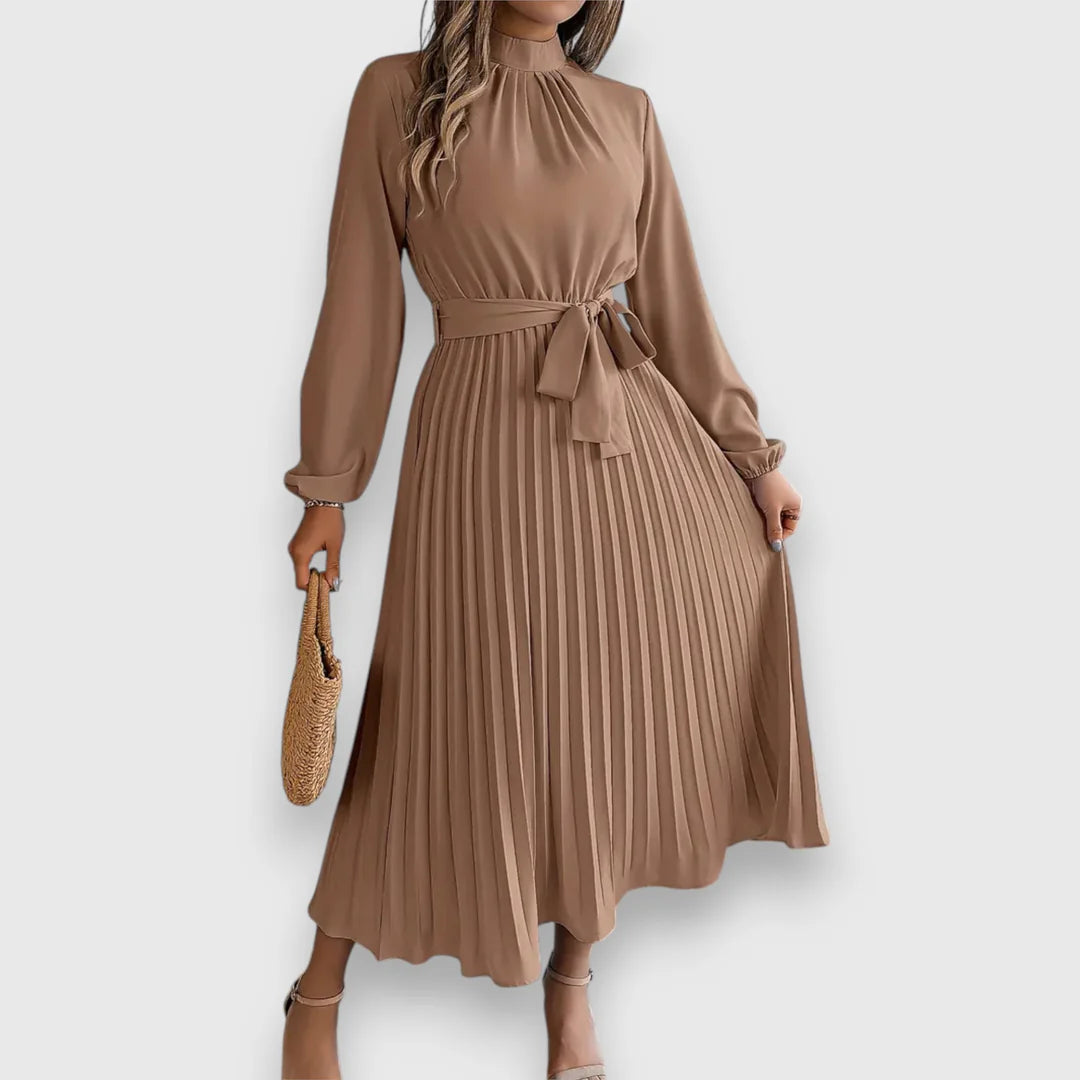 Valeria™ – Vestido midi plisado con lazo y cuello alto