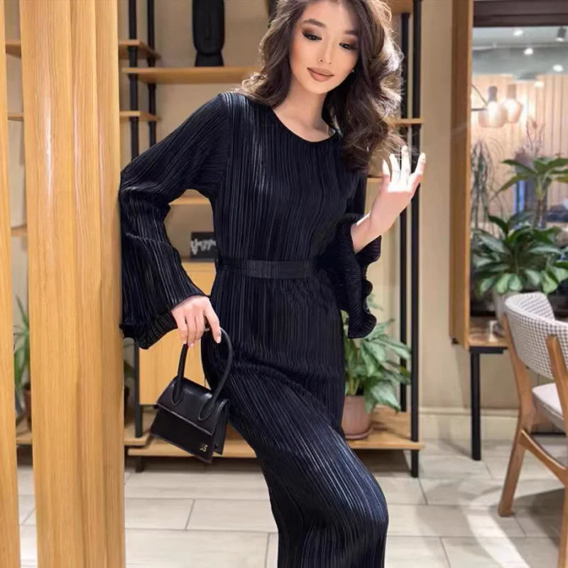 Felicia™ – Vestido largo plisado con mangas acampanadas