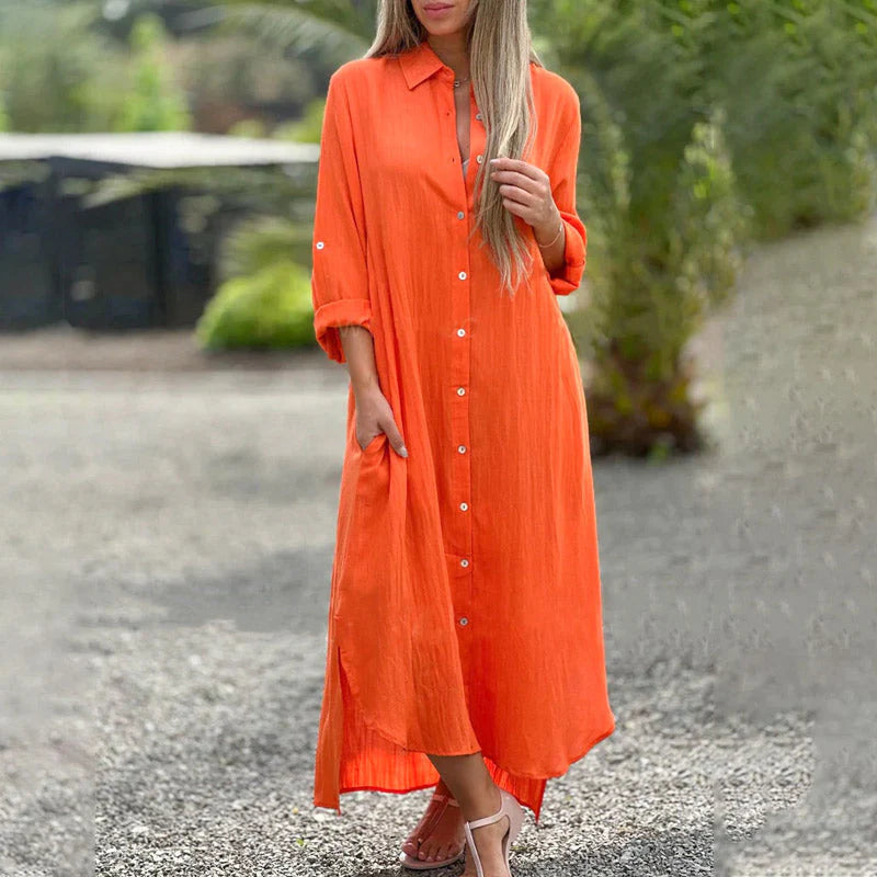 Paula - Vestido camisero largo de algodón y lino