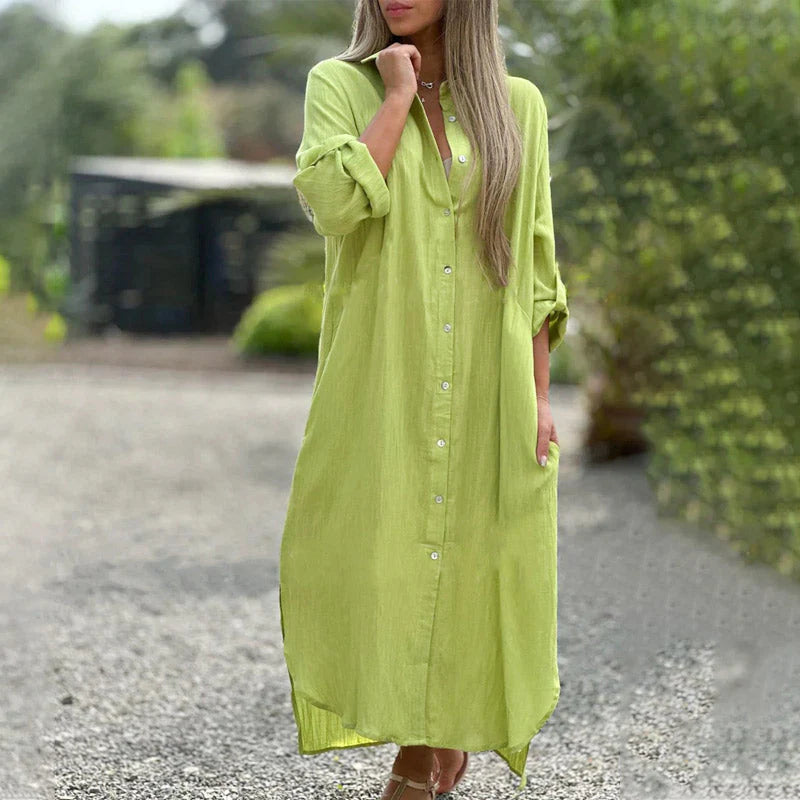 Paula - Vestido camisero largo de algodón y lino