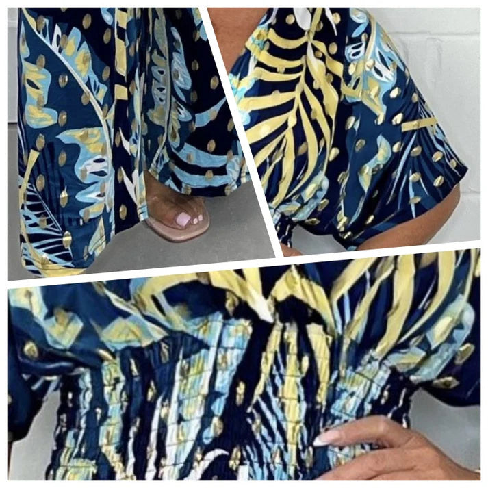 Isabela - Mono con estampado de hojas y cintura elástica