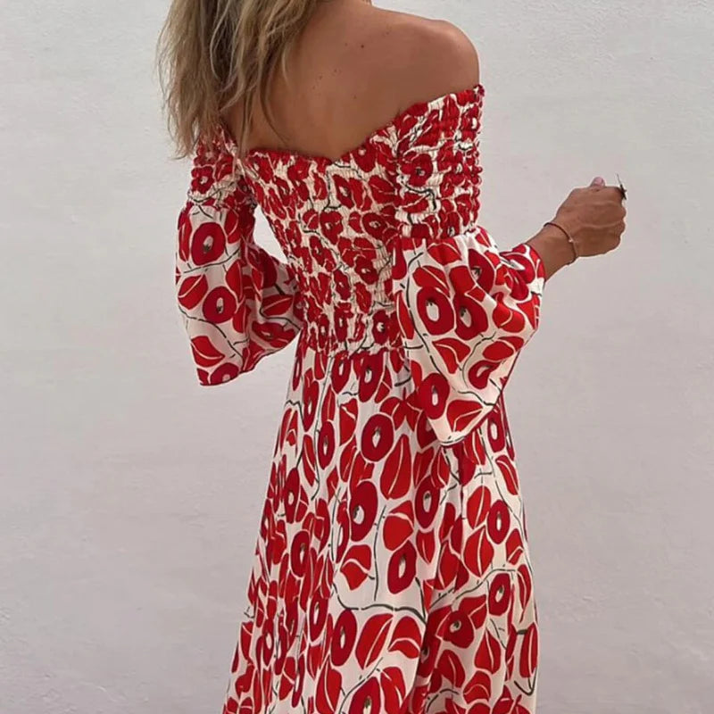Martina™ Vestido largo con estampado floral, hombros descubiertos y mangas acampanadas