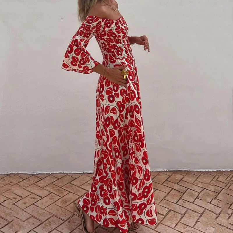 Martina™ Vestido largo con estampado floral, hombros descubiertos y mangas acampanadas